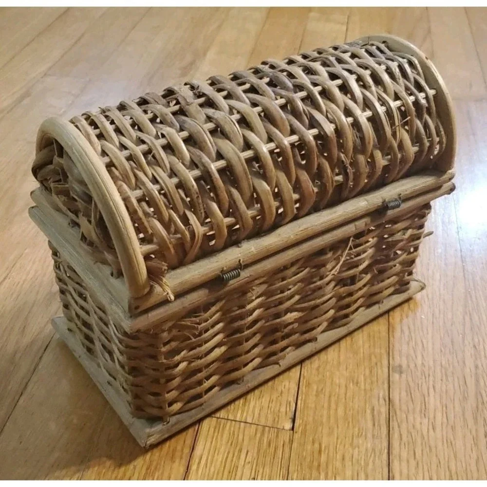 Vintage Wicker Rattan Small Trunk Style Storage Box Cottagecore Boho